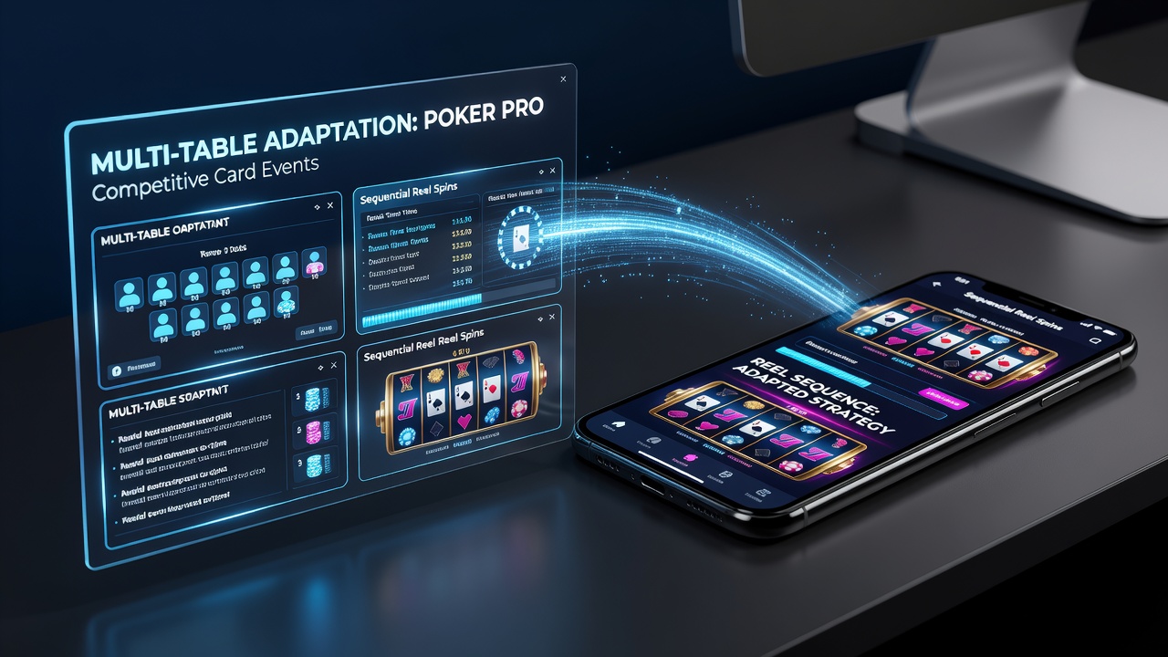 Illustratie van multi-table poker strategieën die overgaan in mobiele slot spins binnen app-omgevingen