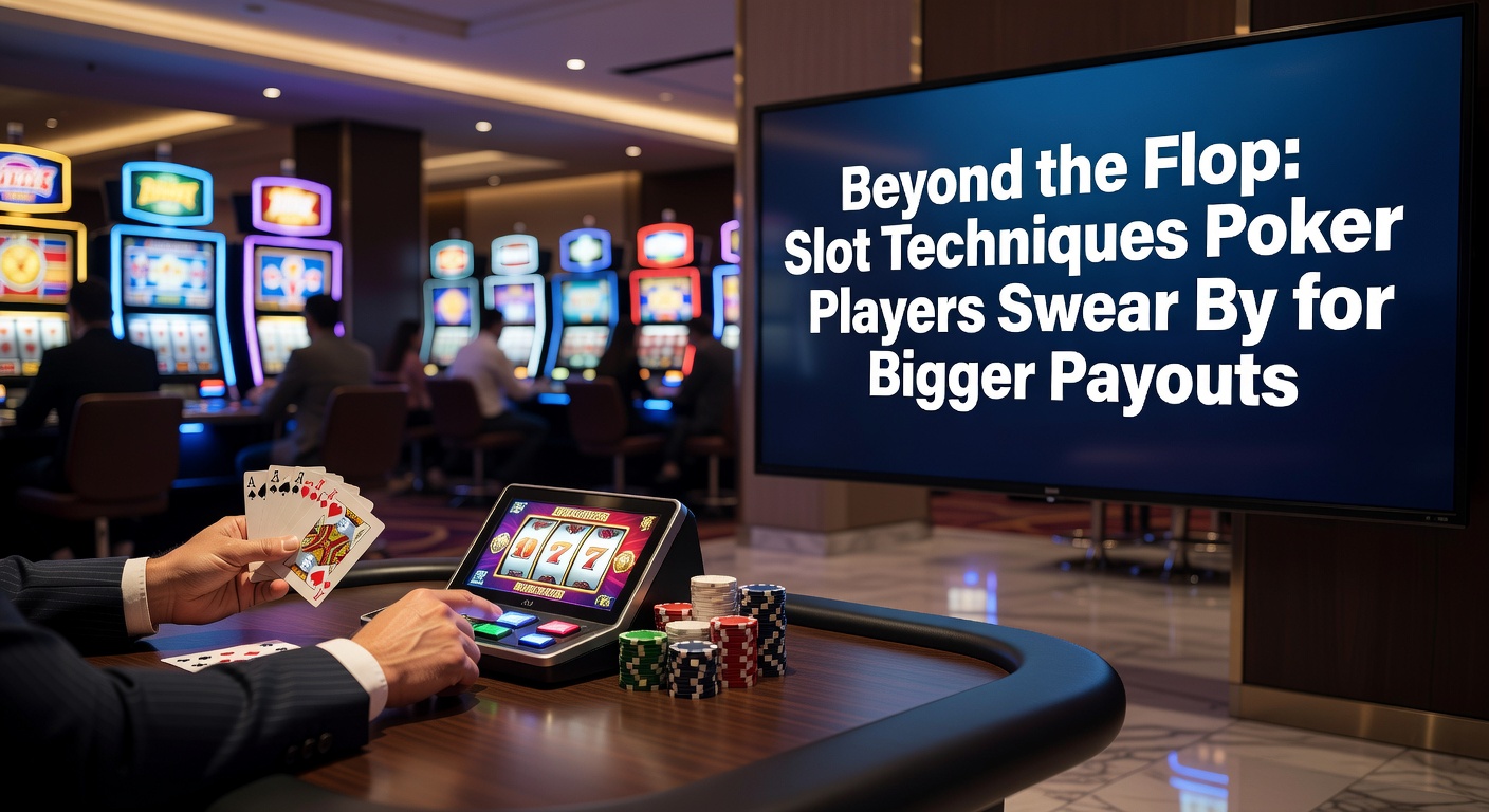 Een ervaren pokerspeler analyseert een slotmachine, met kaarten en rollen op de achtergrond, symboliserend de overlap tussen pokerstrategieën en slottoernooien