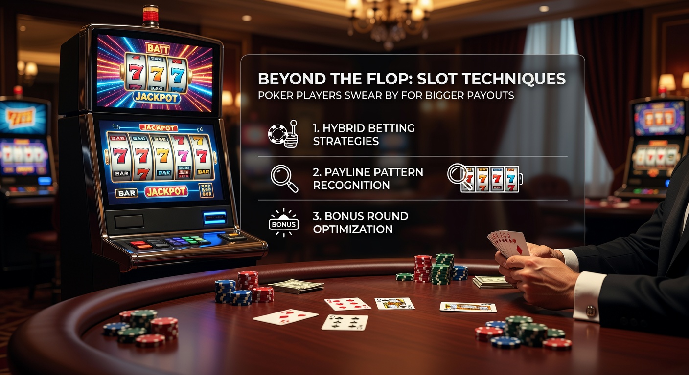 Slotrollen draaien met pokerkaarten overlay, illustrerend geavanceerde technieken zoals bonus hunting en bet scaling in actie