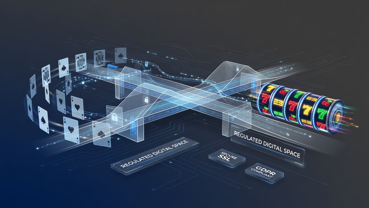 Illustratie van beveiligde transactienetwerken verbonden met real-time multiplayer kaartspellen en geautomatiseerde slotsequenties in een digitale omgeving