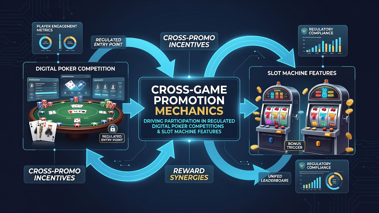 Illustratie van geïntegreerde poker- en slotpromoties in een digitale interface met verbonden spelersprofielen