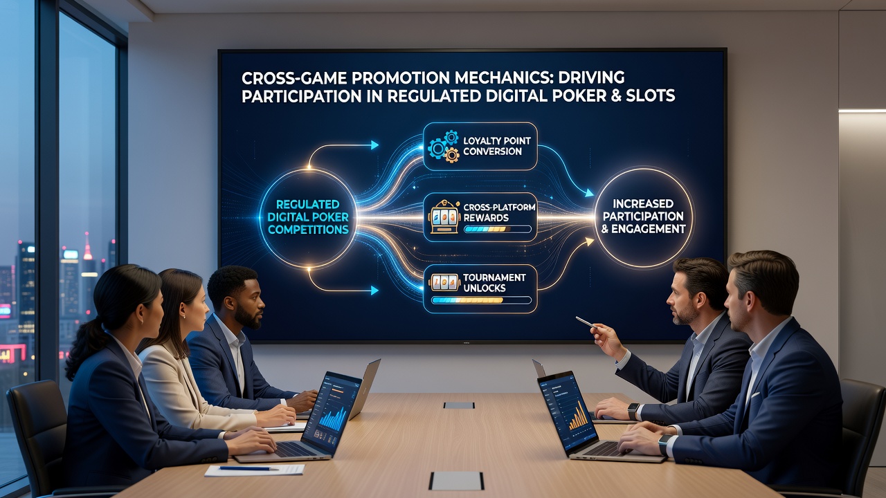 Diagram dat de datastroom tussen pokercompetities, slotfeatures en loyaliteitssystemen in een gereguleerde omgeving toont