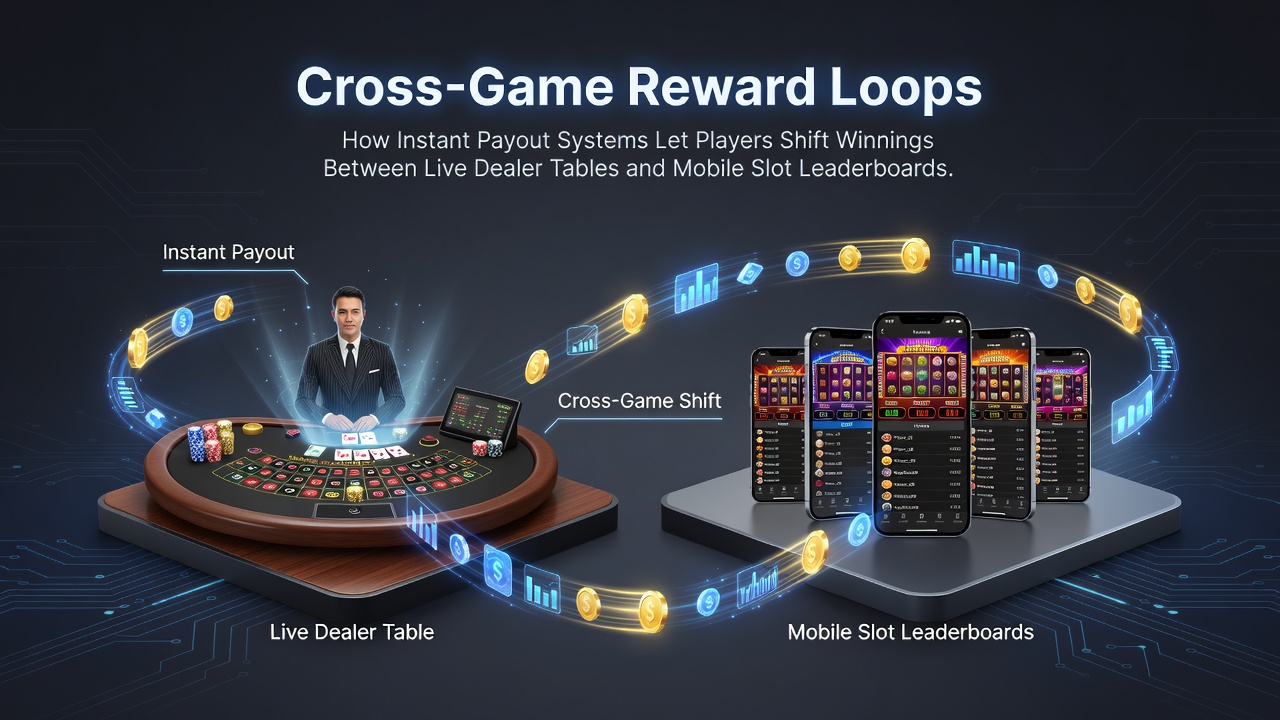 Illustratie van cross-game reward loops met live dealer tafels en mobiele slots verbonden via instant payouts
