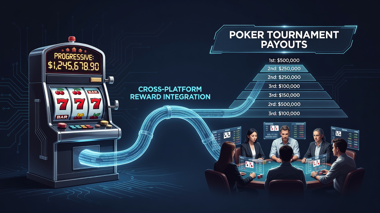 Diagram van dataflow tussen mobiele betalingen, slots en poker toernooien