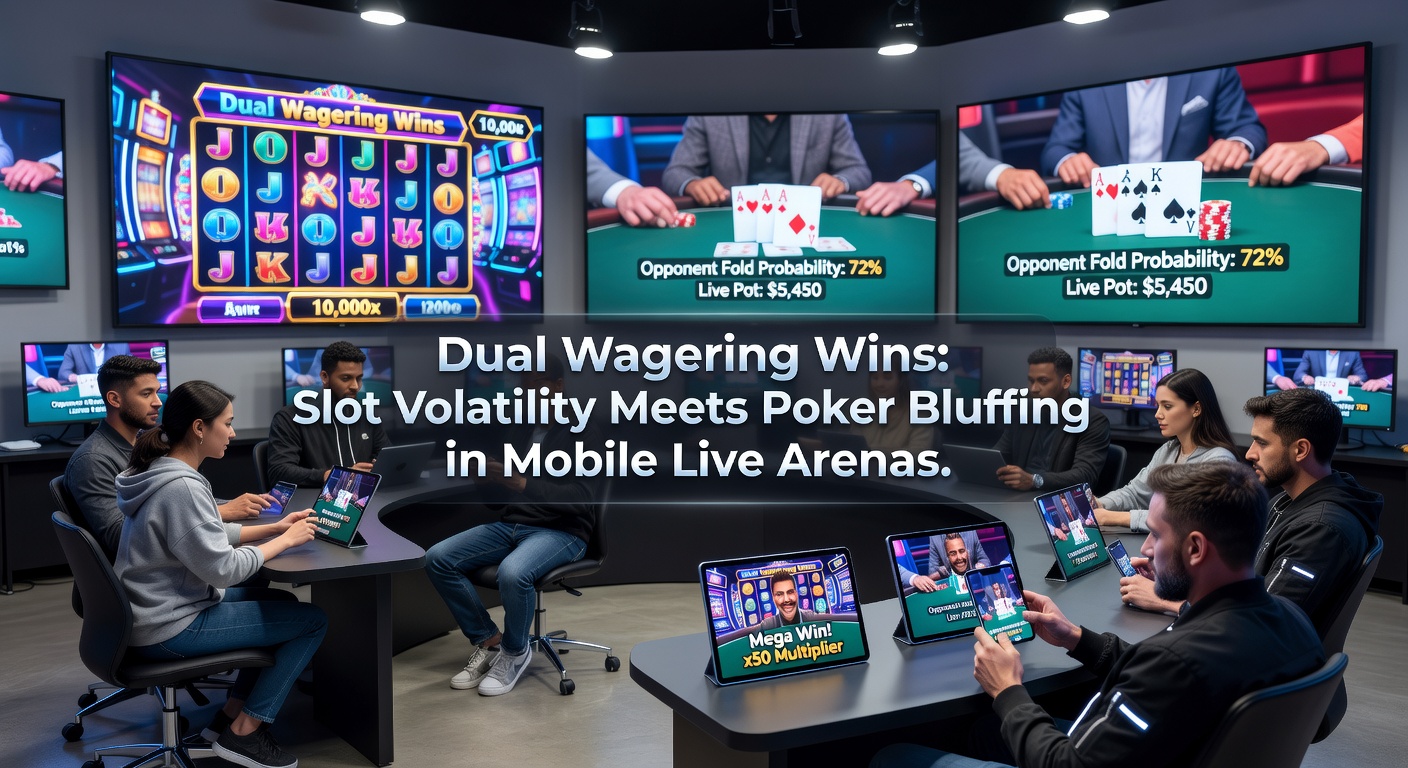 Dichtbij shot van een mobiele telefoon met live poker bluff en slotspin, volatiliteit meters zichtbaar