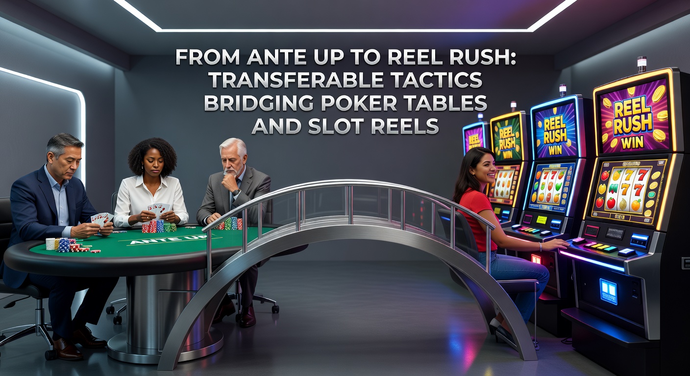 Een speler analyseert odds aan een poker tafel naast een scherm met draaiende slot reels, illustrerend transferable skills
