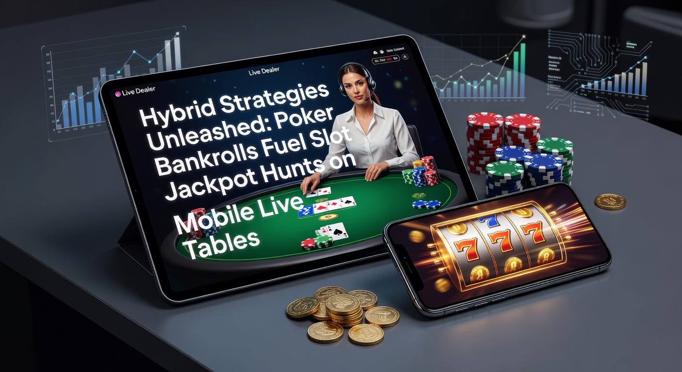 Speler aan mobiele live tafel combineert poker en slots voor jackpotjacht met bankrollbeheer