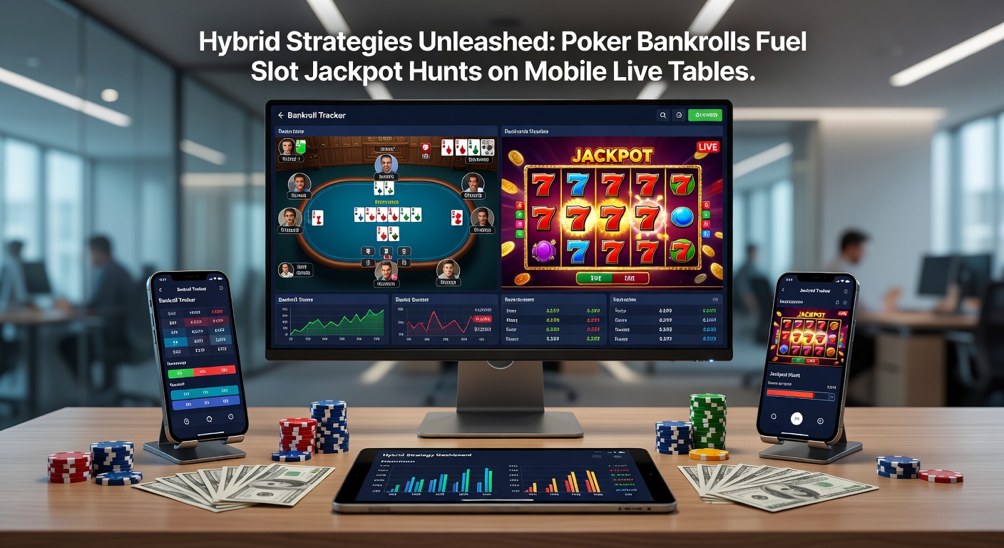Mobiel scherm toont live dealer slottafel met pokerbankroll overlay en jackpot teller