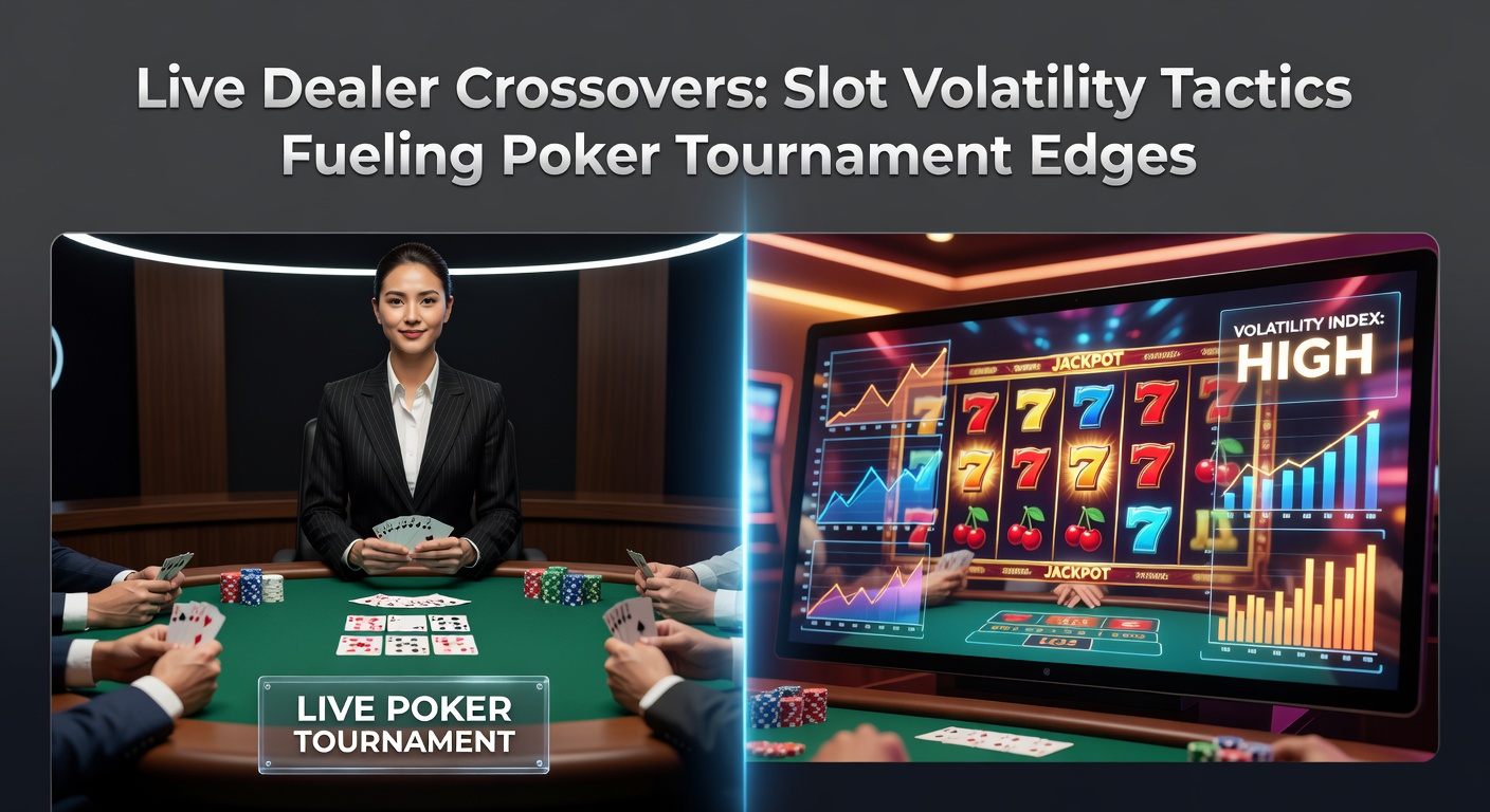 Live dealer aan een hybride tafel waar slot-elementen en pokerkaarten samenkomen, met spelers die volatiliteitsgrafieken analyseren
