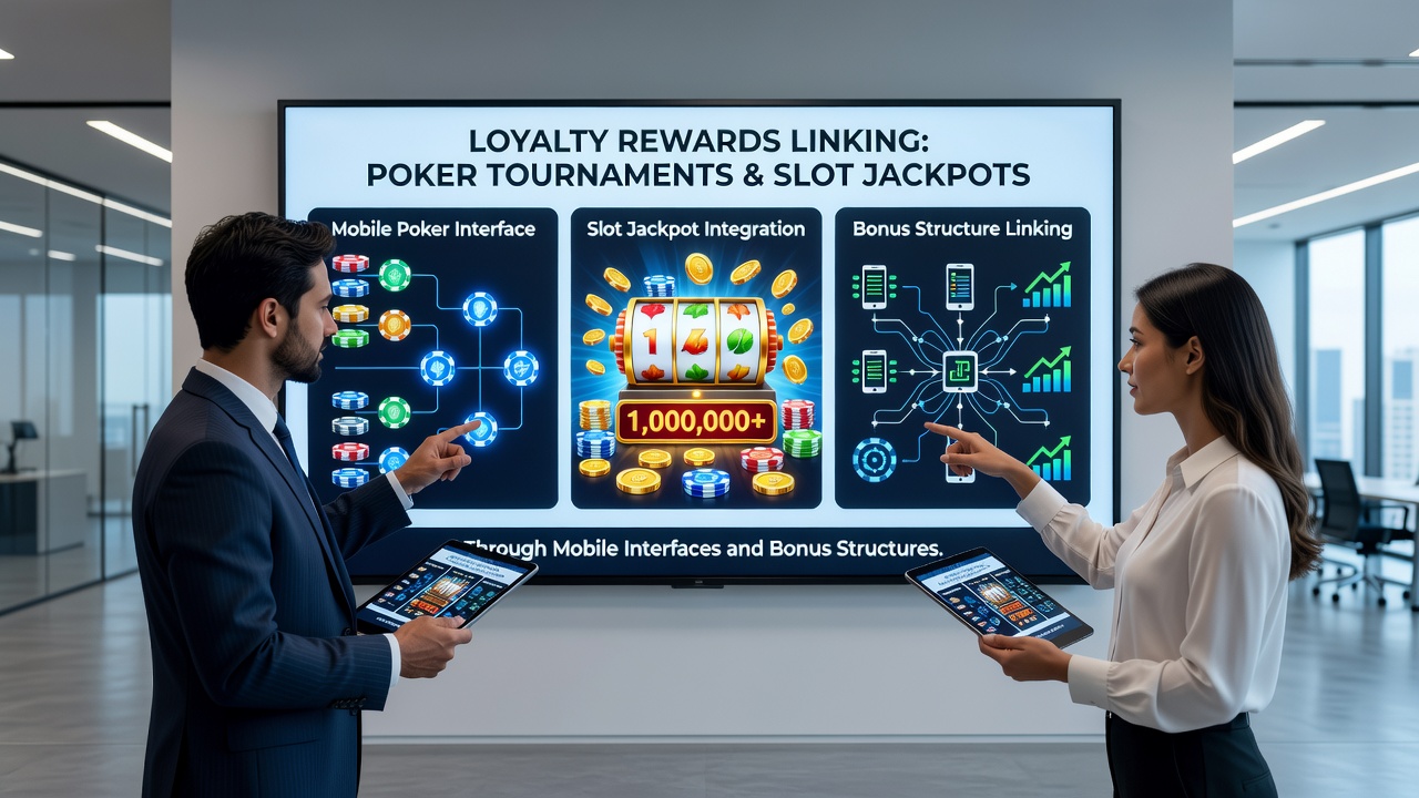 Diagram van bonusstructuren die pokertoernooien en slotjackpots verbinden via mobiele loyaliteitsrewards