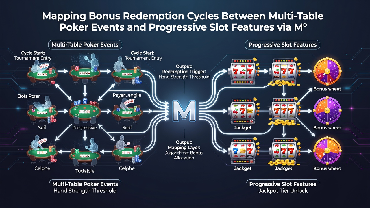 Diagram van mobiele transacties die poker en slot bonus cycli verbinden