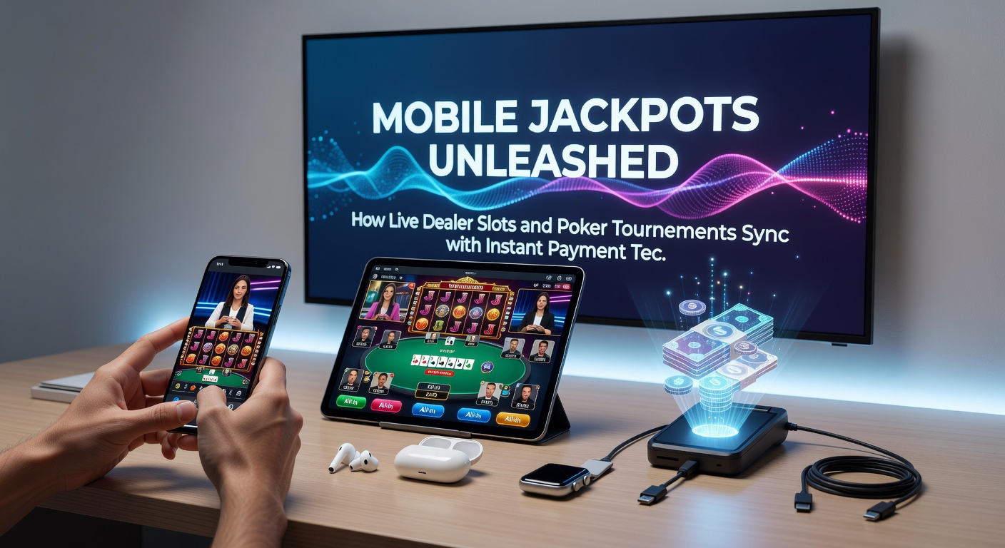 Live pokertoernooi op mobiel met jackpot teller en directe uitbetaling icoon, spelers aan tafels met kaarten in de lucht