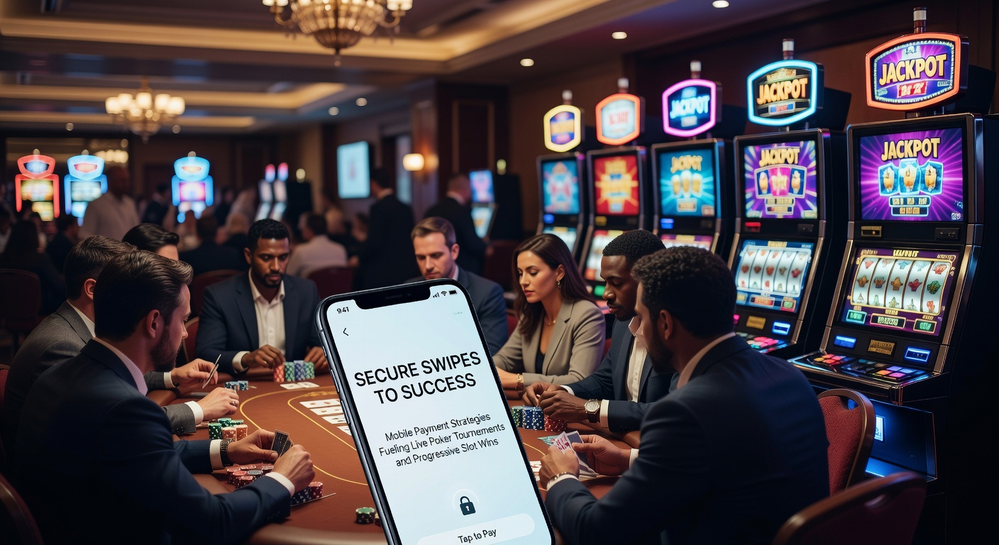 Speler veegt met smartphone voor snelle mobiele betaling tijdens live pokertoernooi met progressieve slots op achtergrond