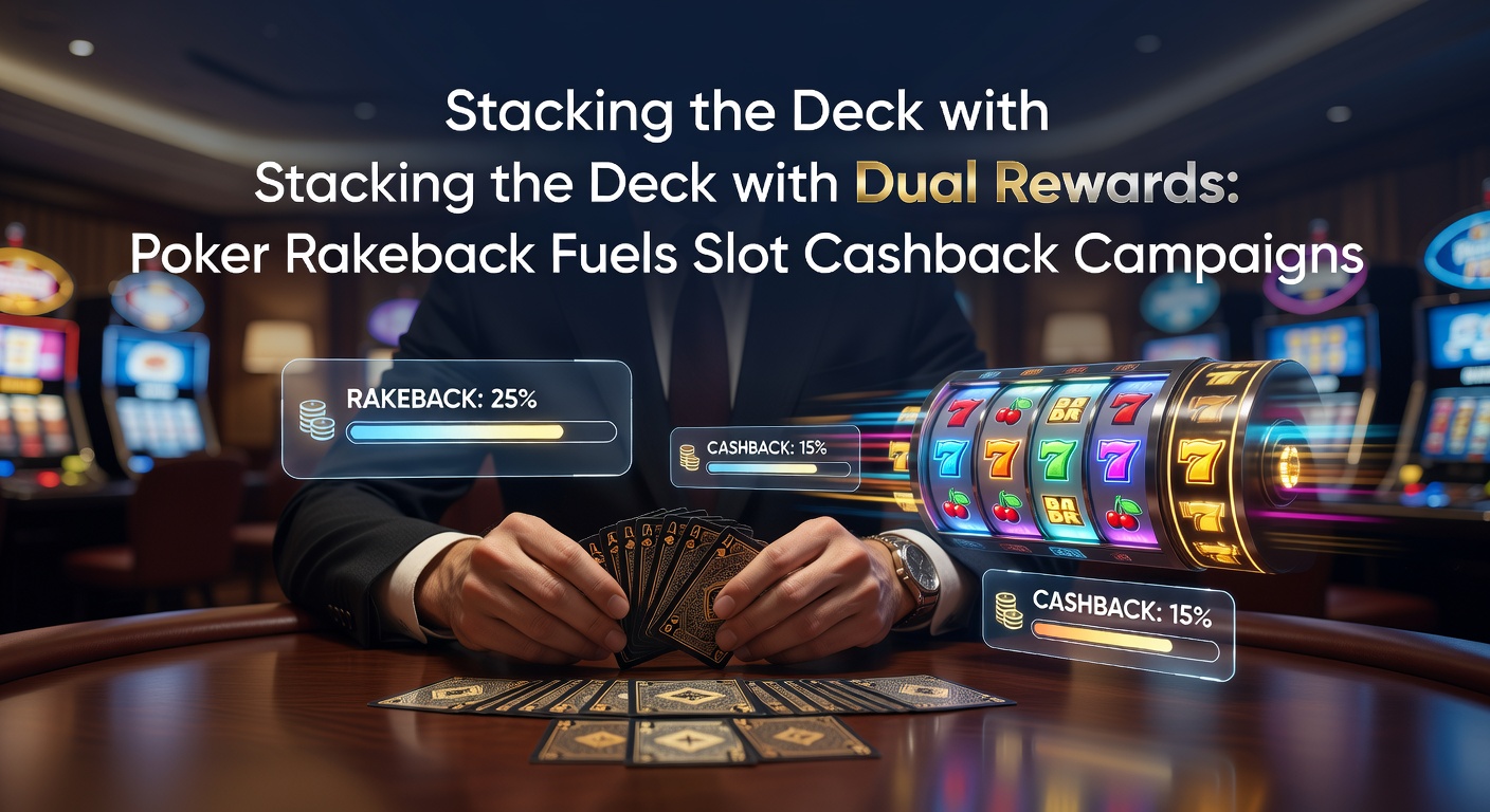 Pokerkaarten en gloeiende slotmachines symboliseren dubbele beloningen in online gokken, met rakeback en cashback als centrale elementen