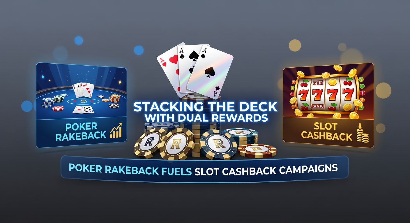 Grafiek met stijgende lijnen van rakeback en cashback returns, vergezeld van poker chips en slot symbolen voor dual reward illustratie