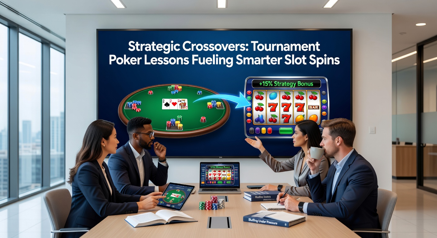 Een pokerspeler aan een toernooitafel analyseert zijn kaarten, terwijl op de achtergrond een slotmachine met draaiende rollen zichtbaar is, symboliserend de overlap tussen strategieën in poker en slots