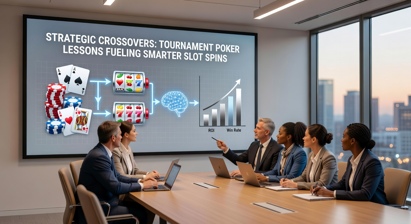 Dichtbij shot van slotrollen die stoppen op een jackpotcombinatie, met pokerfiches en kaarten op de voorgrond, illustrerend hoe pokertools slotsessies optimaliseren