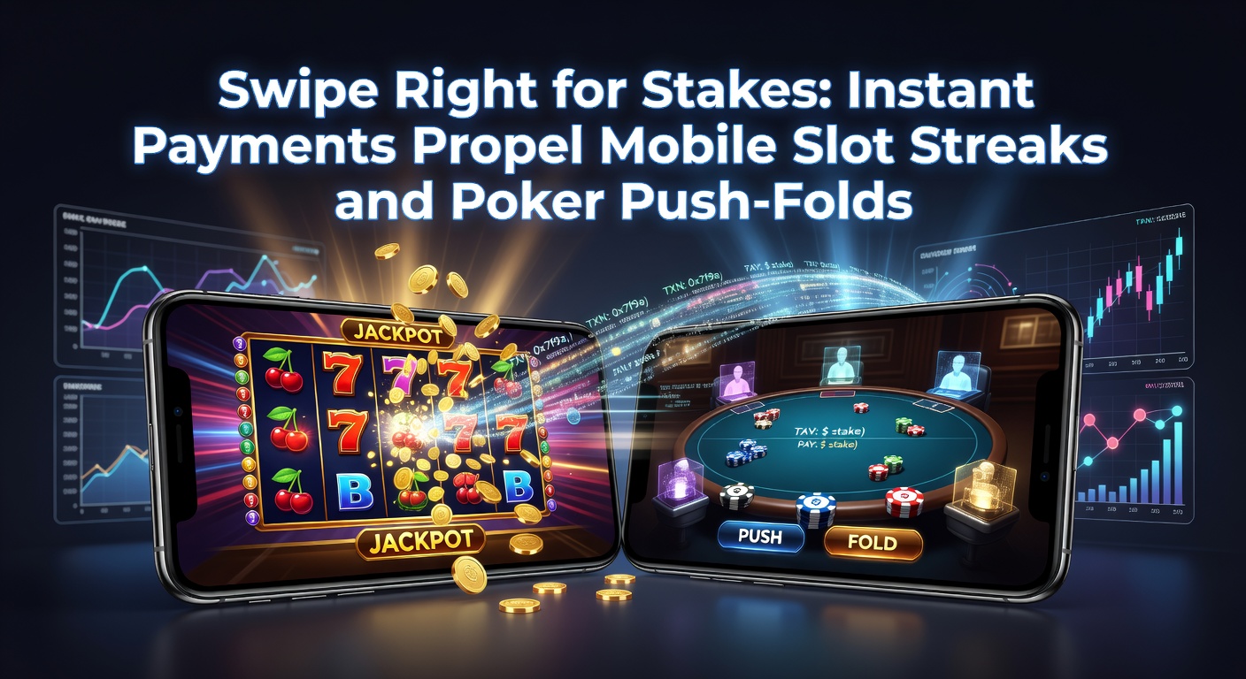 Smartphone met mobiele gokapp, instant betaalopties zichtbaar op scherm tijdens een slot-spin en pokerhand