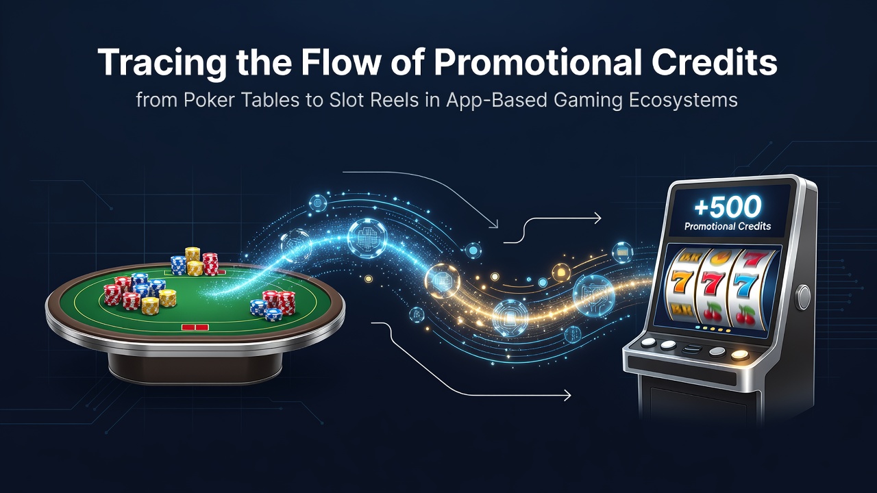Illustratie van promotionele credits die van poker interfaces naar slot reels stromen in mobiele apps