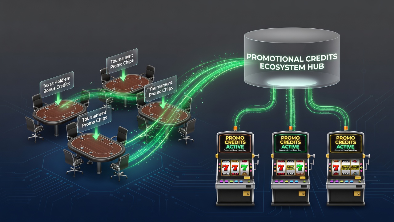 Diagram van credit flows tussen poker en slot modules in een mobiele gaming app