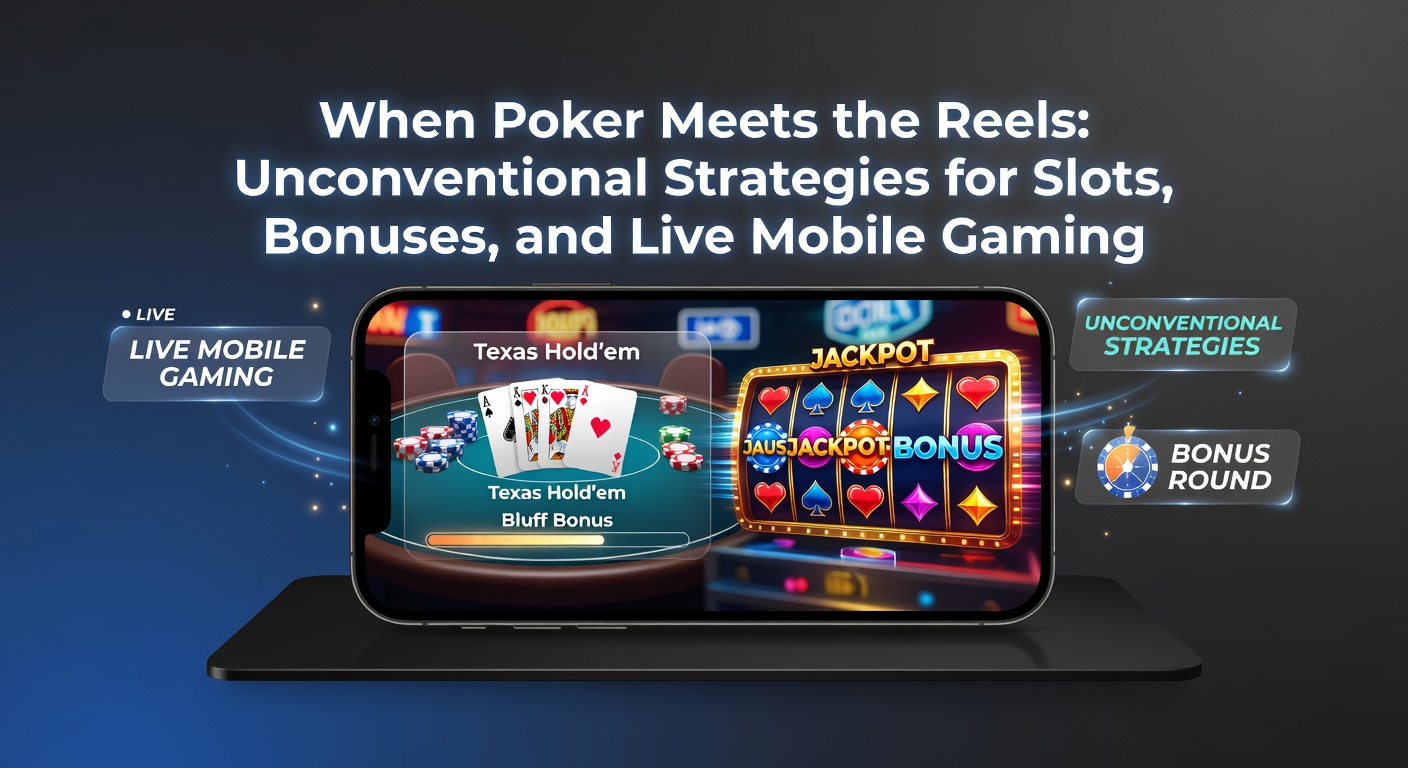 Speler aan een mobiel scherm met pokerkaarten en roterende slotsymbolen, symboliserend de fusie van strategieën
