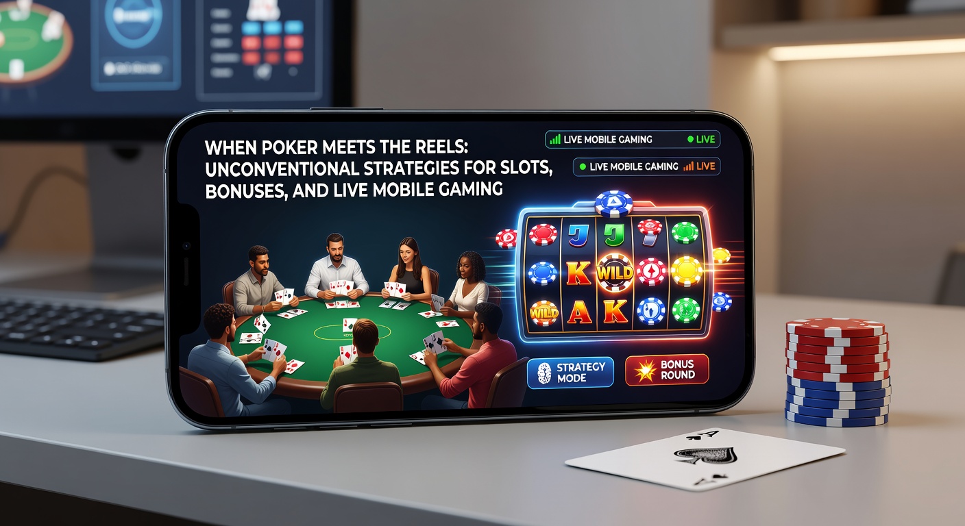 Live dealer tafels en mobiele slots die versmelten op een smartphone-scherm, met bonusiconen en pokertactiek overlay